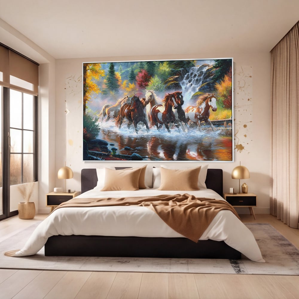 Tablou canvas cu tablou canvas cu cai galopand prin apa, in rama de aluminiu argintiu, pe perete intr-un dormitor
